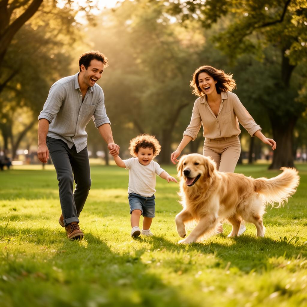 Família feliz brincando com criança e cachorro golden retriever em área verde